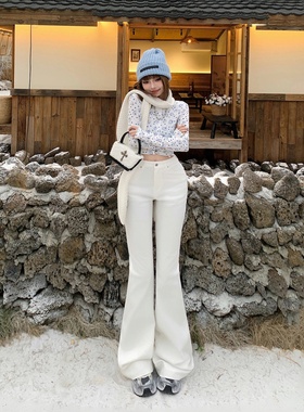 YC&美式辣妹复古白色修身喇叭裤显瘦弹力百搭垂感秋冬牛仔裤女