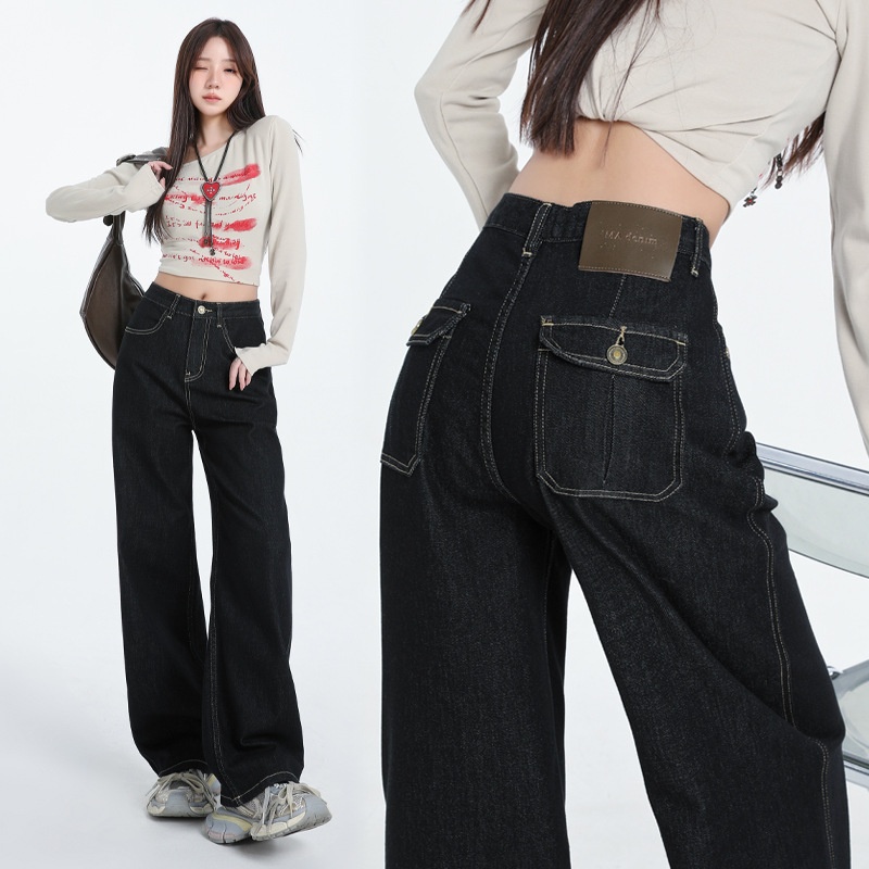 HYS/2025秋冬新款＆年度新星筒染不掉色弹力时髦后袋阔腿牛仔裤女