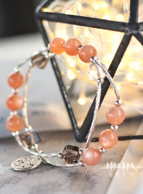 沐双 太阳石手链纯天然橙色水晶日光石金沙石白幽灵月光石纯银女