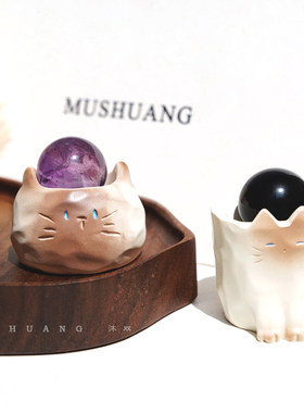 天然水晶球摆件小豆丁猫猫黑曜石