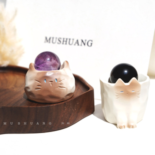 【有球必应】天然水晶球摆件 黄白紫粉黑曜石小豆丁猫猫 原石招米