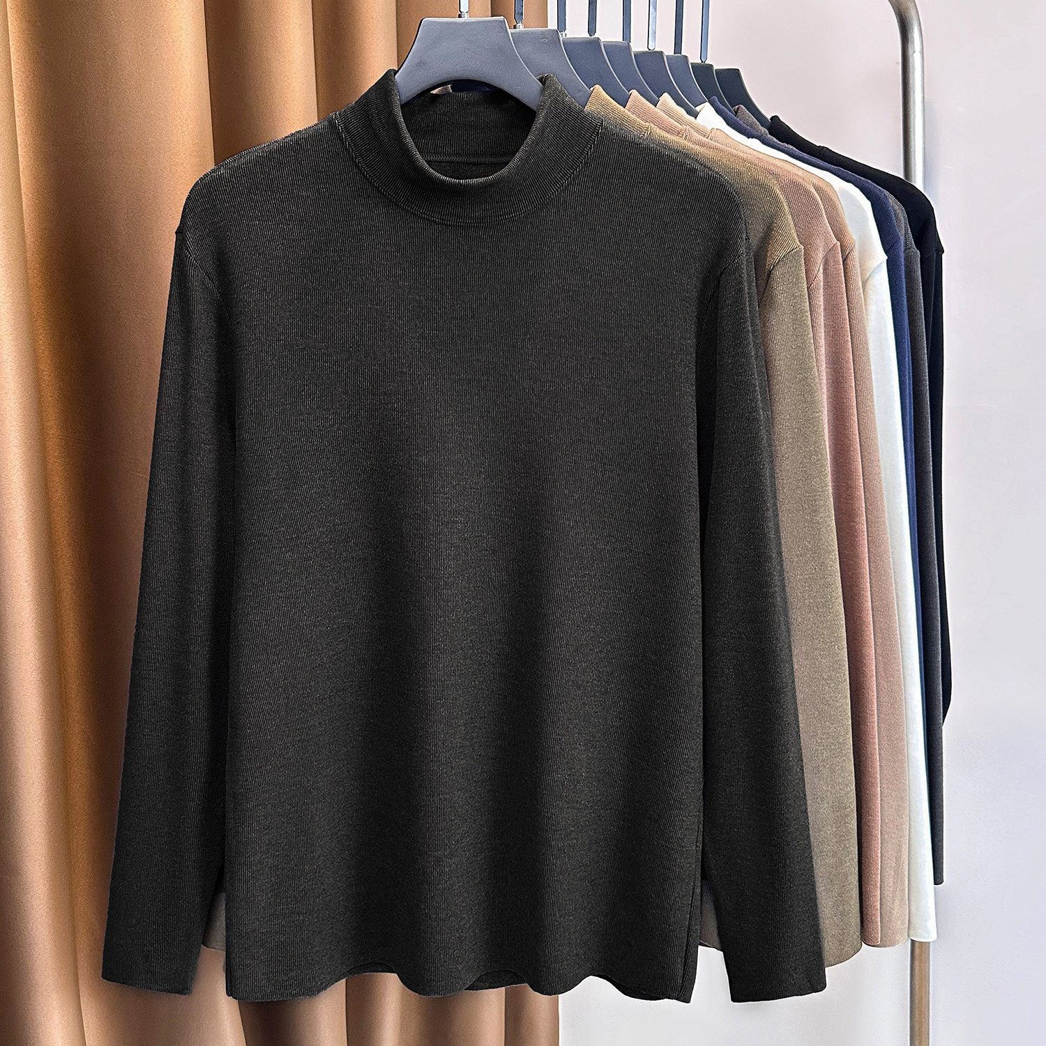 男士德绒打底衫秋冬保暖上衣半高领双面绒磨毛内搭t恤加厚长袖新