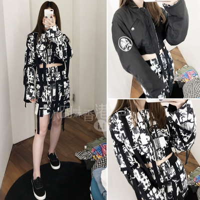 走秀朋克印花超短身着夹棉短外套