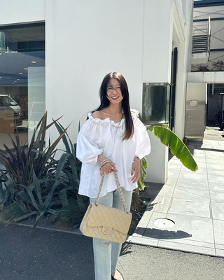 松本24!! 2way抽带木耳边一字领露肩 梭织棉混 泡泡中袖 衬衫