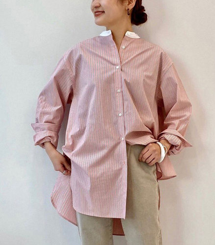 休闲宽松纽扣门襟长袖宽细条纹