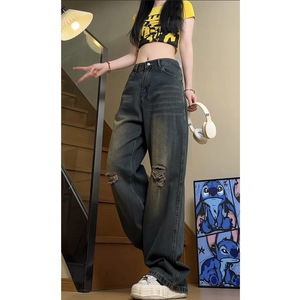 春季新款美式高级复古水洗破洞牛仔裤女宽松直筒阔腿裤K8029特P43图片