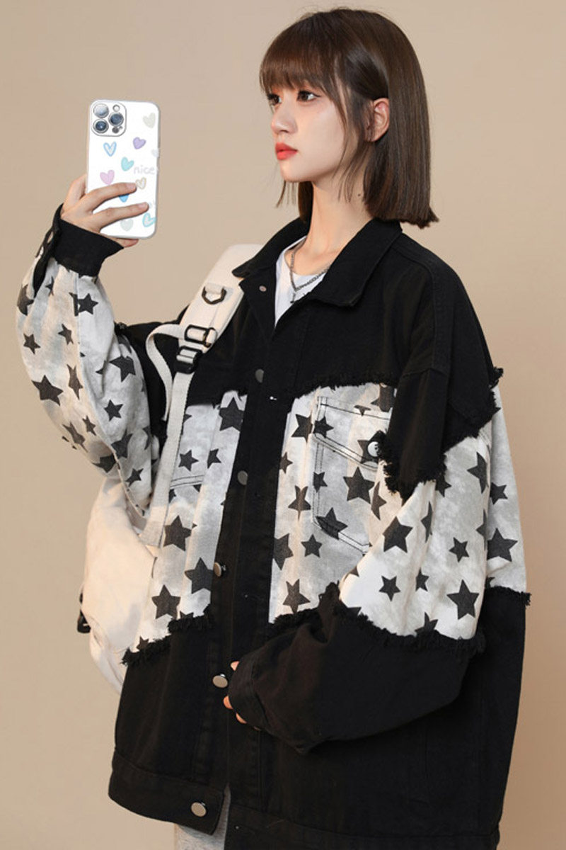 春季新款五角星撞色拼接夹克女牛仔外套潮流上衣JK33P90,男装工装外套,电商B203-1