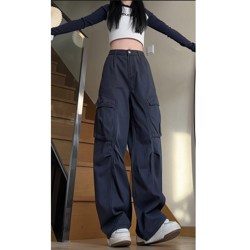 春季美式高街大口袋工装休闲裤女生潮流宽松阔腿褶皱长裤子D8339,男装工装外套,电商B203-1