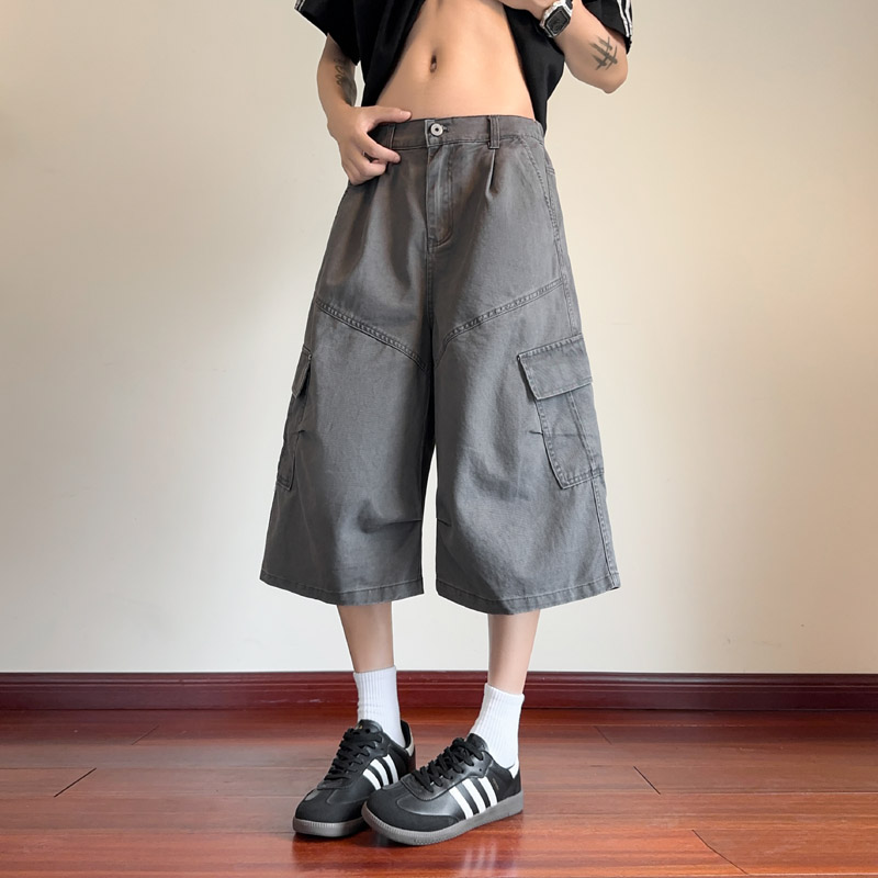 夏季新款美式高街七分休闲裤男潮流宽松直筒阔腿褶皱工装裤D2505,男装工装外套,电商B203-1