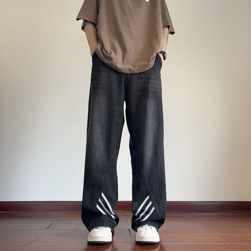秋季新款美式高街撞色条纹织带牛仔裤男士潮流宽松直筒长裤KZ35,男装牛仔裤,电商B203-1