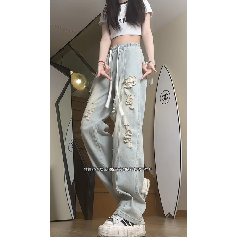 ins美式高街破洞牛仔裤女生潮流宽松直筒阔腿裤休闲长裤KZ30P45,男装牛仔裤,电商B203-1