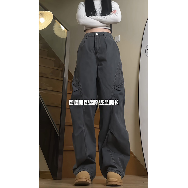 春季新款美式高街复古褶皱工装裤女宽松直筒休闲长裤D239特P48,男装工装外套,电商B203-1