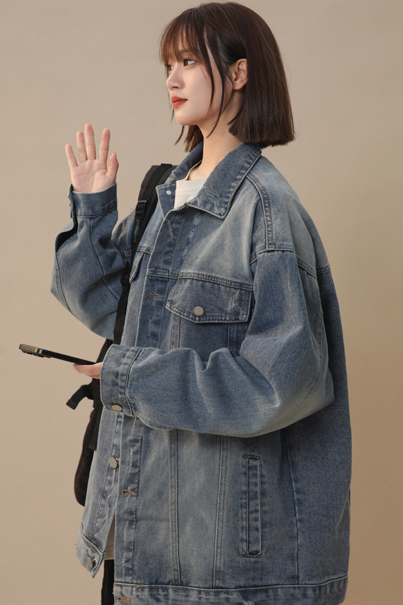 春季新款美式高街破洞牛仔外套女夹克复古水洗潮流宽松上衣JK52,男装工装外套,电商B203-1