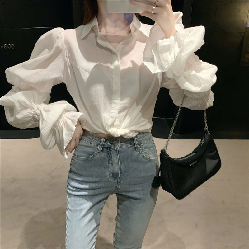 Real price white bubble sleeve micro transparent shirt women's design Lantern Sleeve Top