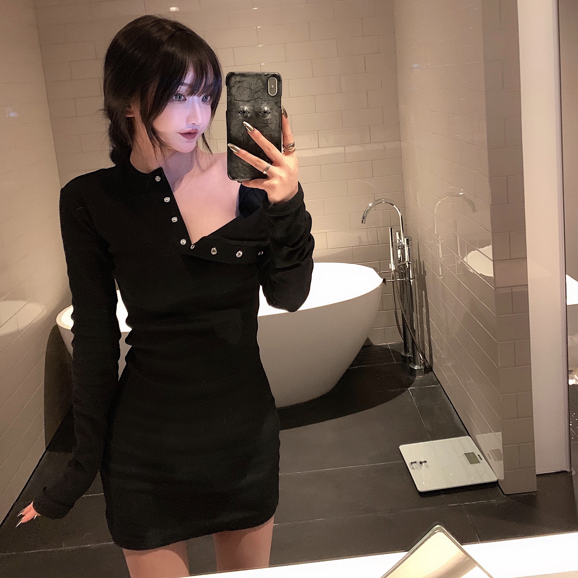 Real photo real price net red temperament long sleeve dress female sexy tight package bottom skirt