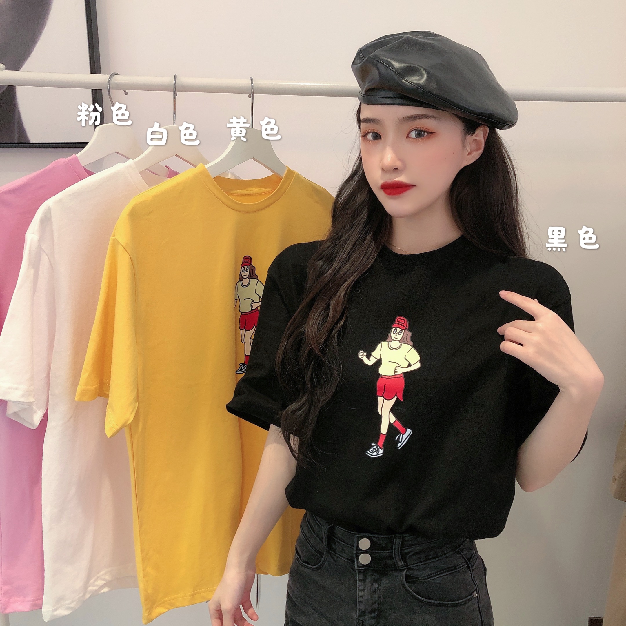 Real photo real price round neck printing short sleeve T-shirt women's ins style loose and versatile top