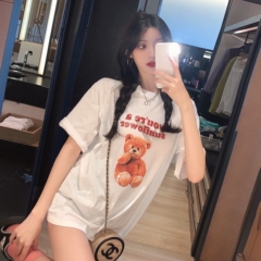 The real price is so cute! Bear print short sleeve cotton tee loose medium length white T-shirt