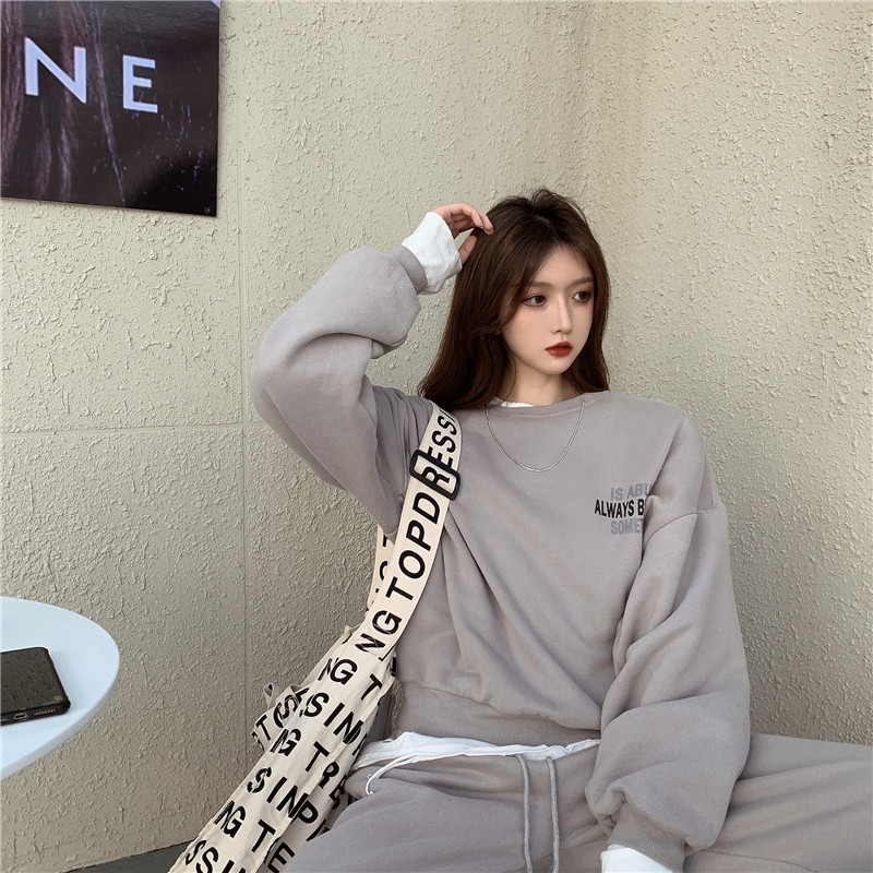 Real shot real price BF wind fleece thickened letter sweater set for women