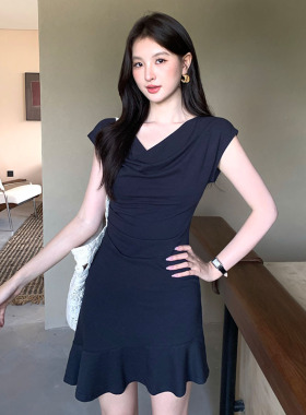 秀熙熙十三行2026夏白标简约名媛荡领连衣裙显瘦高腰短裙女88699