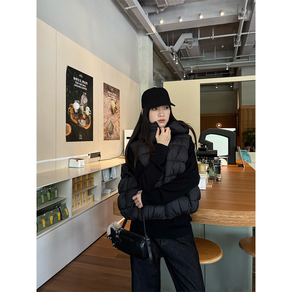 誉一黑色高级感连帽排骨棉服女冬季叠穿无袖马甲背心棉衣外套C321