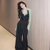套装 上衣百搭牛仔背带阔腿裤 韩系温柔风长袖 2026早春新款