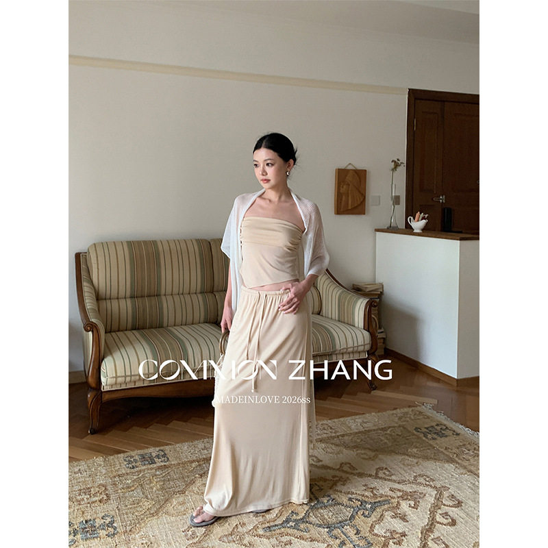 CZ ZHANG夏天丝抹胸小衫+松紧抽绳半身裙+三角巾披肩套装C24349