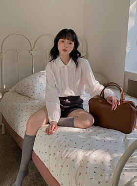 【候麦的春天】法式娃娃领衬衫春季新款复古蕾丝上衣女Y1122F