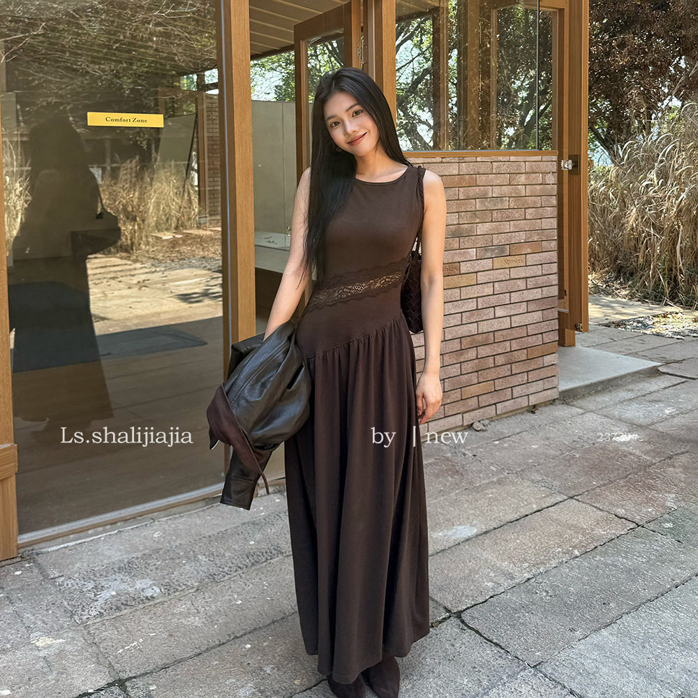 LS 优雅简约蕾丝拼接背心连衣裙广州十三行2026早秋新款裙子23739
