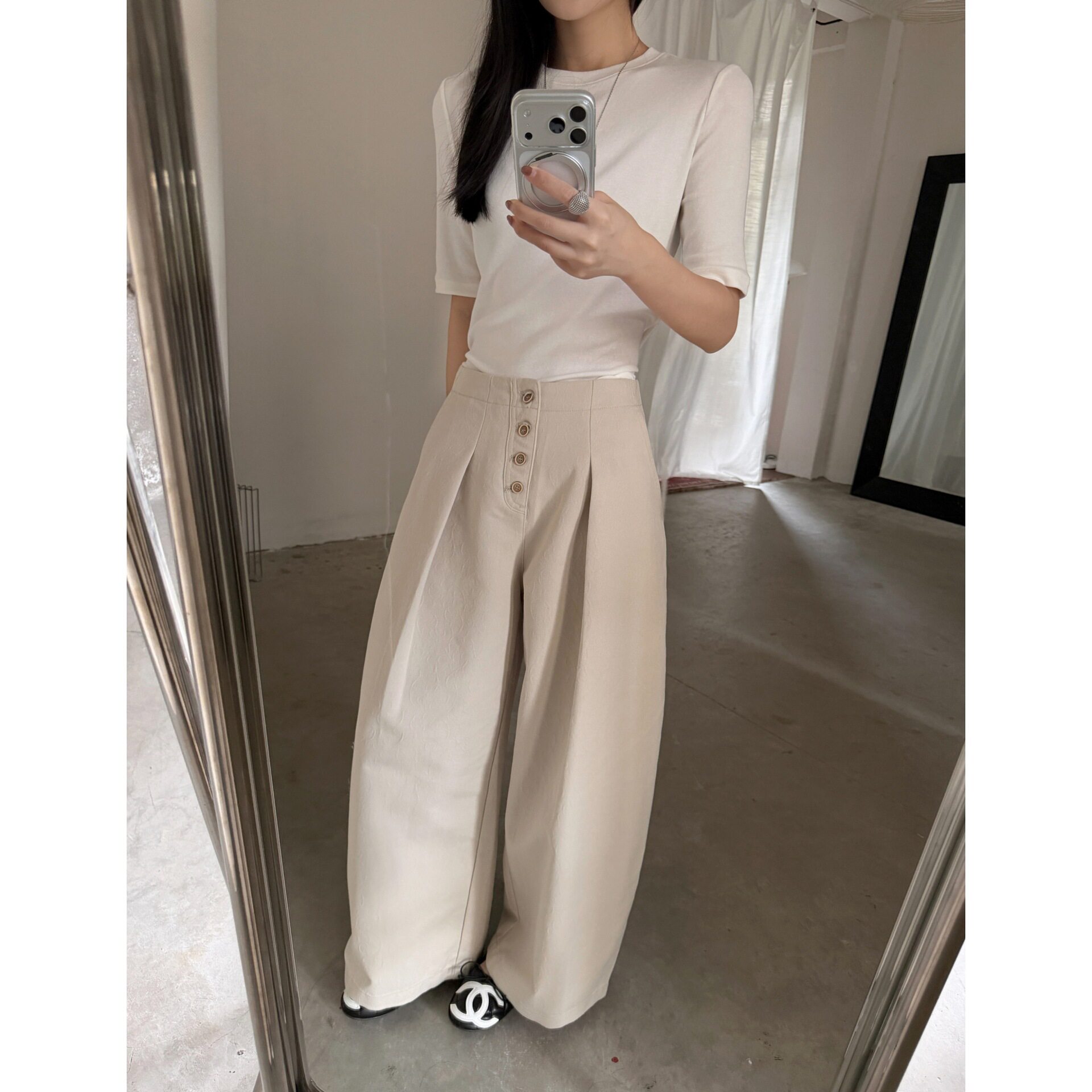 GAGD 提花牛仔老钱风门襟扣饰分割弧形牛仔长裤女 松弛高腰牛仔裤