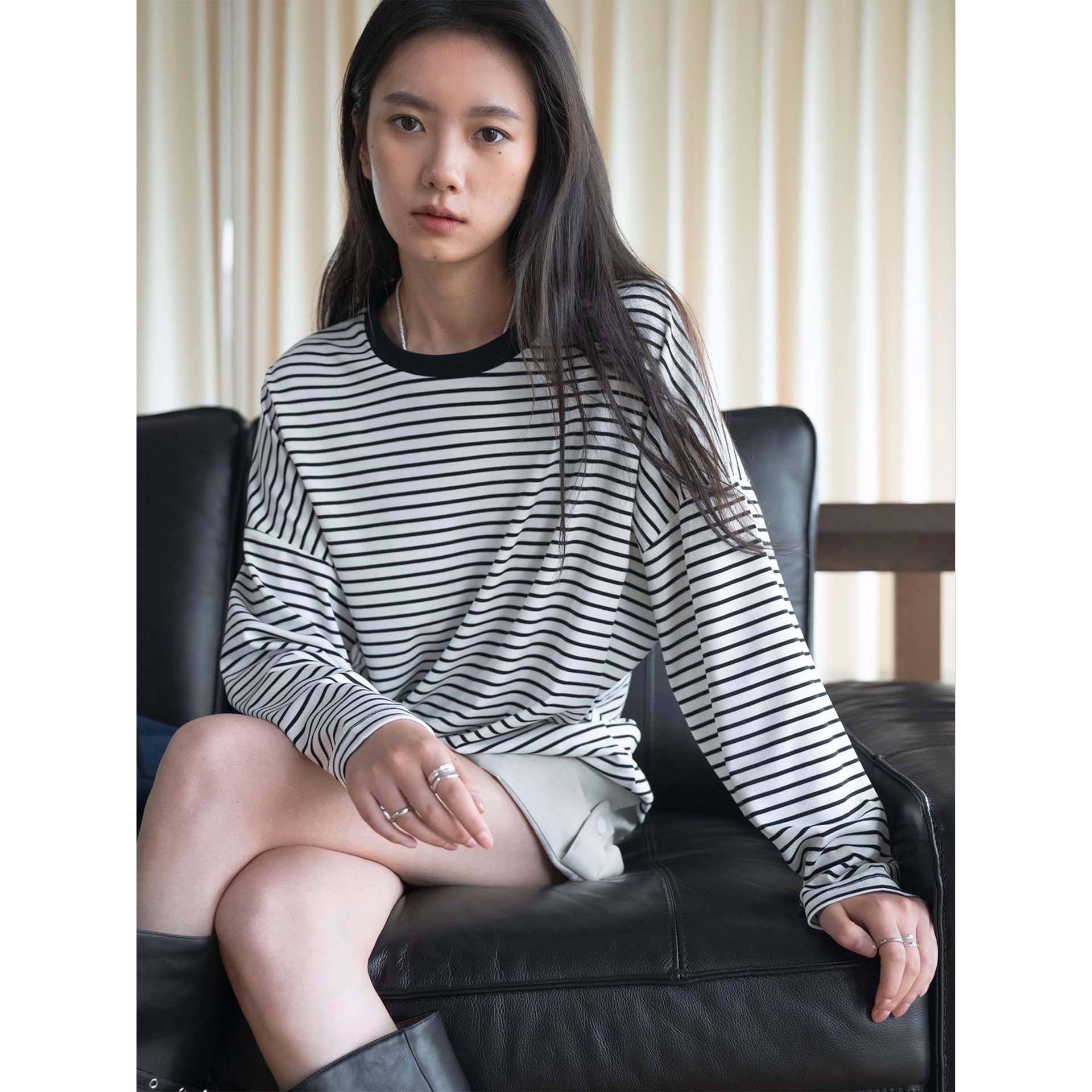 XM现货夏季新款日系慵懒松弛圆领撞色条纹长袖天丝T恤宽松上衣女