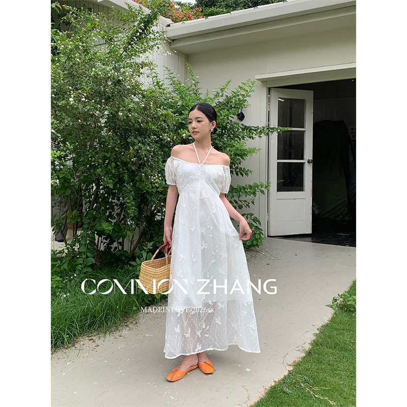 CZ ZHANG夏法式淑女长裙一字肩圆领泡泡袖优雅高腰连衣裙女C26282