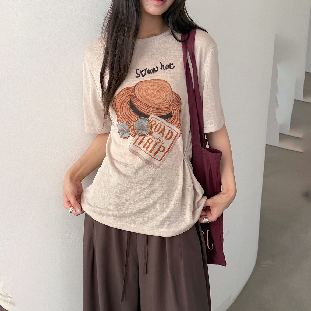 OF现货帽子印花宽松短袖圆领天丝T恤女夏+围脖 两件套上衣11375
