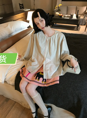 Mona张绮贤 田野格纹衬衫 纯棉百搭宽松廓形圆领色织格纹肌理上衣