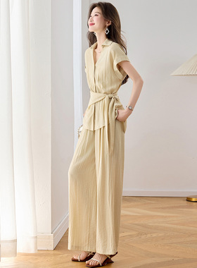 2026夏季显瘦遮肉设计感系带收腰短袖衬衫阔腿裤两件套裤SW1892