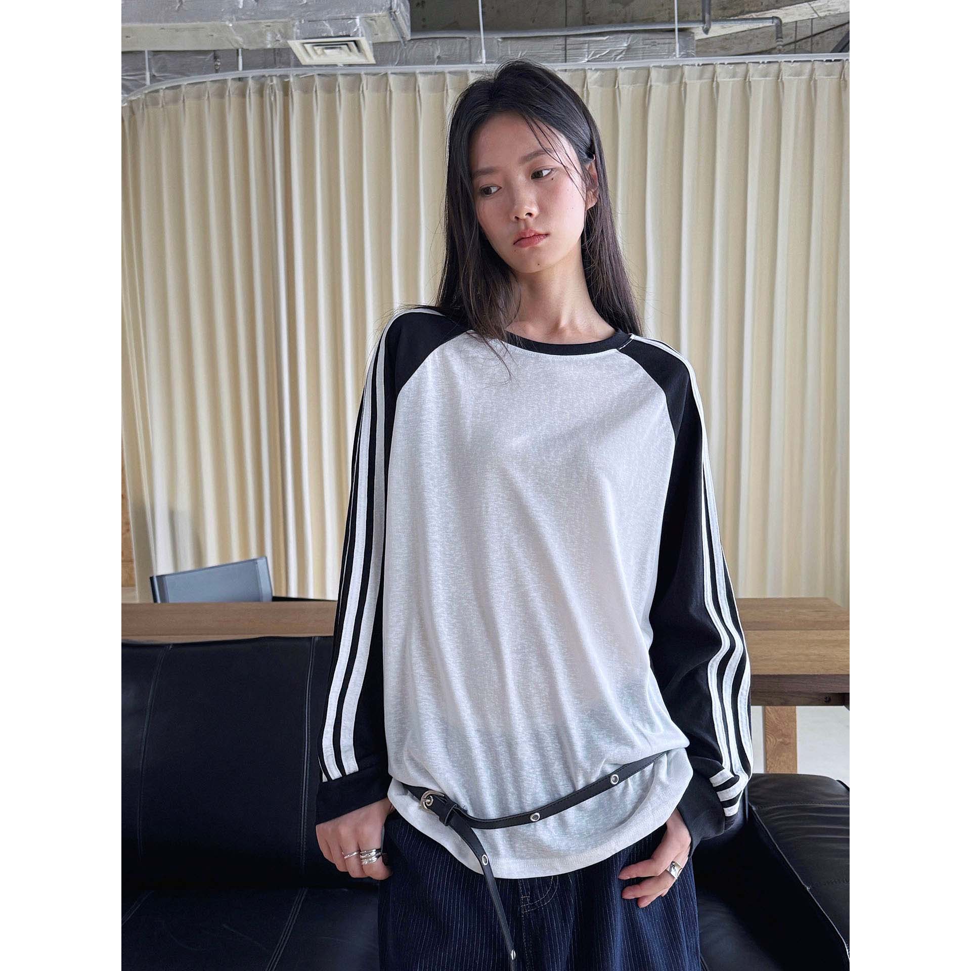 XM现货夏新款韩系复古运动感黑白撞色条纹天丝T恤宽松防晒上衣女