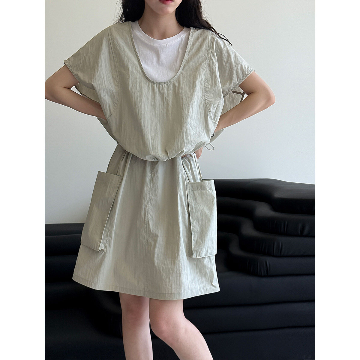 LC 韩系休闲风假两件拼接裙女夏季新款连体工装抽绳套装裙0893