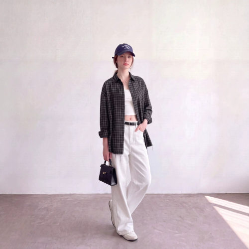 黑色格子慵懒风阔版宽松长袖衬衫女上衣2026年早秋季新款
