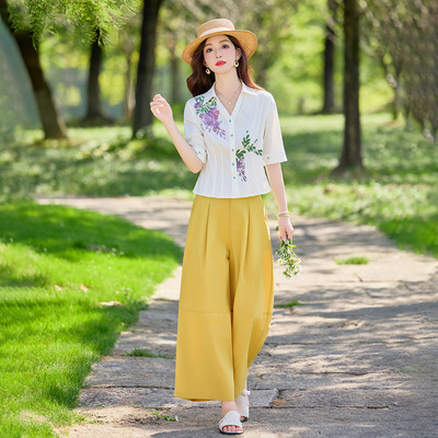 时尚套装2026夏季新款女气质印花衬衫收腰直筒长裤两件套 SY2908B
