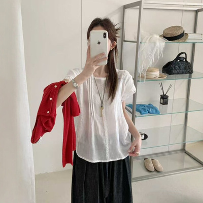 SS 圆领蕾丝拼接2026夏季新款短袖宽松小衫百搭上衣女5096S