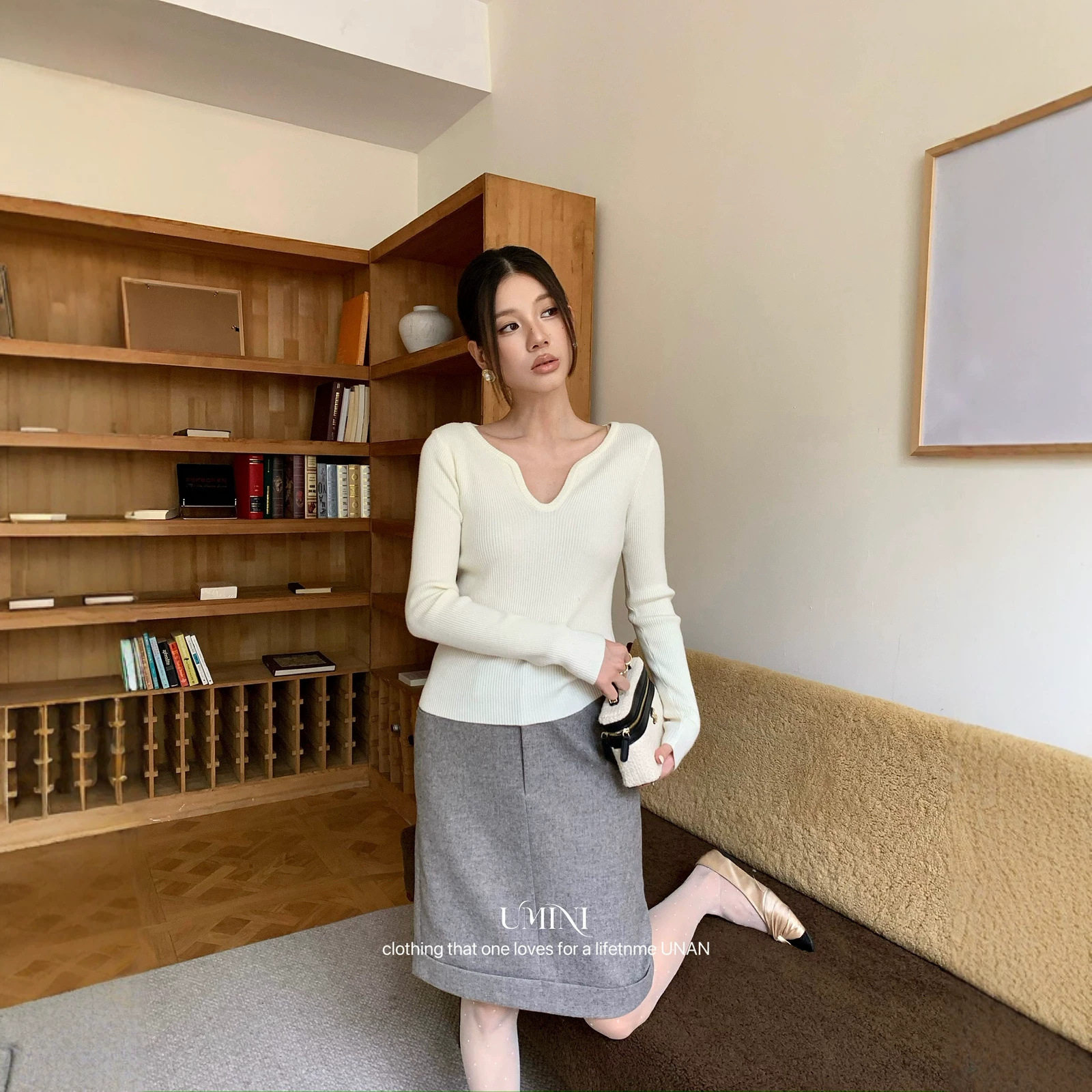 U+MINI十三行F9355韩版V领坑条气质百搭小衫毛衣针织衫