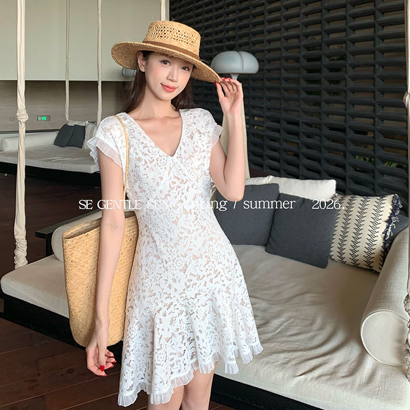 秀熙熙十三行2026夏白标法式名媛蕾丝连衣裙显瘦高腰短裙女88515