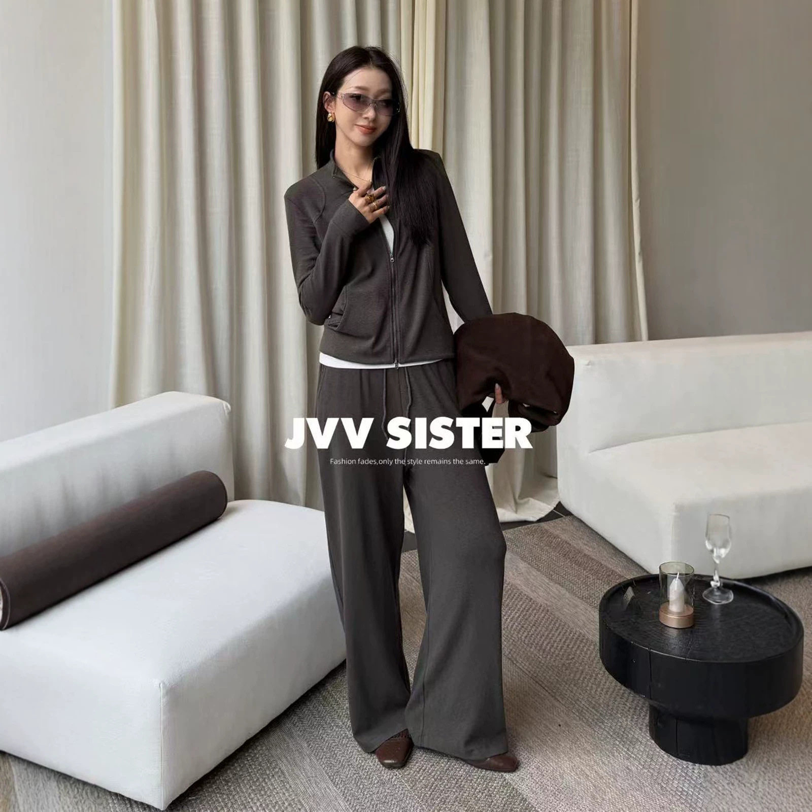 JVV十三行2026秋季新款立领修身卫衣外套休闲长裤时尚套装女72826