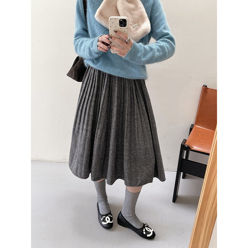 【GM】韩系复古松紧腰百褶中长裙子秋季新款女装a字半身裙BN712