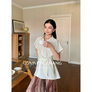 CZZHANG 复古天丝绣花系带收腰衬衫女夏季短袖上衣开衫C23220