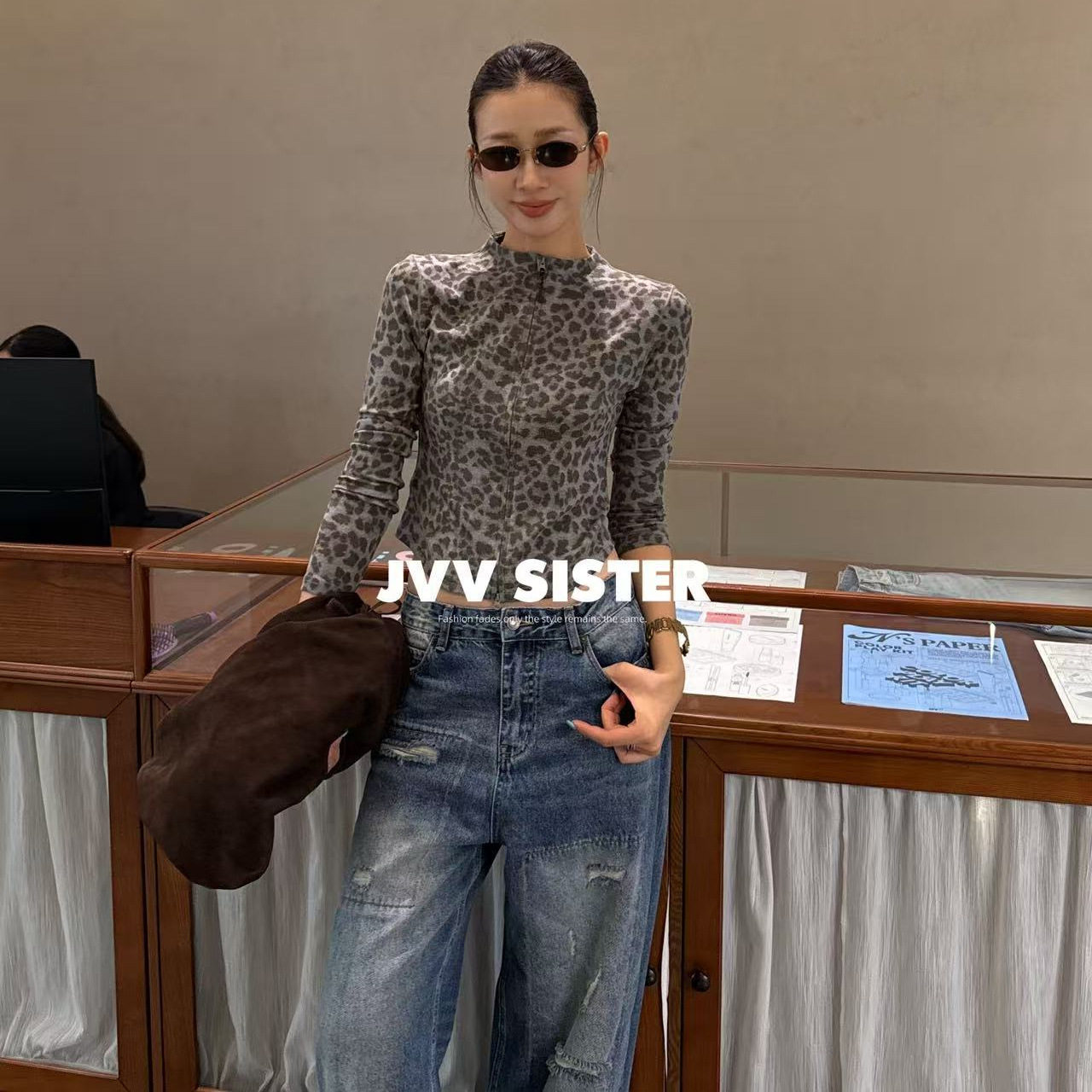 JVV十三行2026秋季新款复古迷彩修身开衫上衣链辣妹长袖外套91302