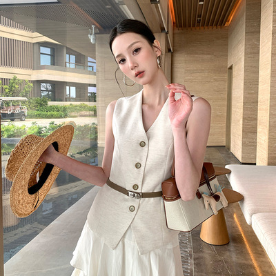 秀熙熙2026春季白标简约V领天丝麻无袖纯色短外套马甲背心女86139