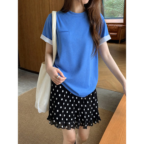 【GM】韩系通勤拼色袖子圆领T恤女夏季宽松休闲短袖上衣N0097D