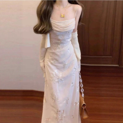 日系温柔风超好看荡领吊带连衣裙夏季新款时尚修身显瘦开衫两件套