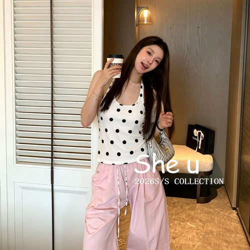 SHE U十三行纯欲甜辣风波点系带挂脖背心2026夏季显瘦百搭小吊带