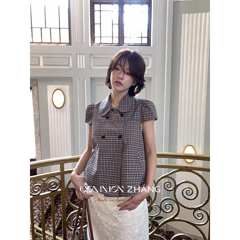攸吉 CZ ZHANG学院风娃娃领减龄小衫女装秋季新款格子衬衫C33538